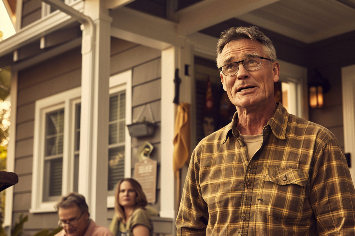 A man making an announcement from his porch | Source: MidJourney