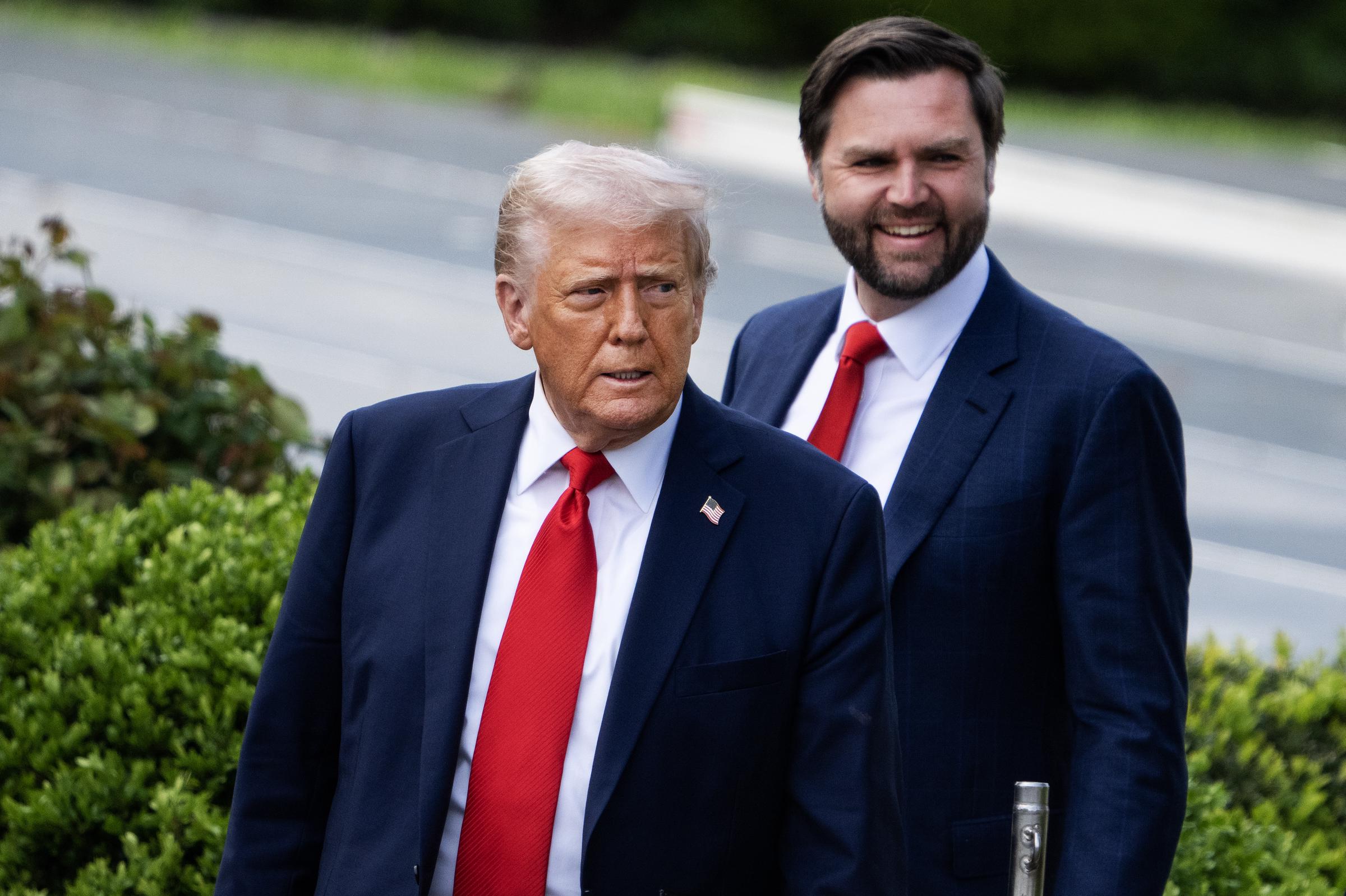 Donald Trump and JD Vance arrive for a ceremony with the College Football Playoff National Champions Ohio State Buckeyes on the South Lawn of the White House on April 14, 2025 | Source: Getty Images