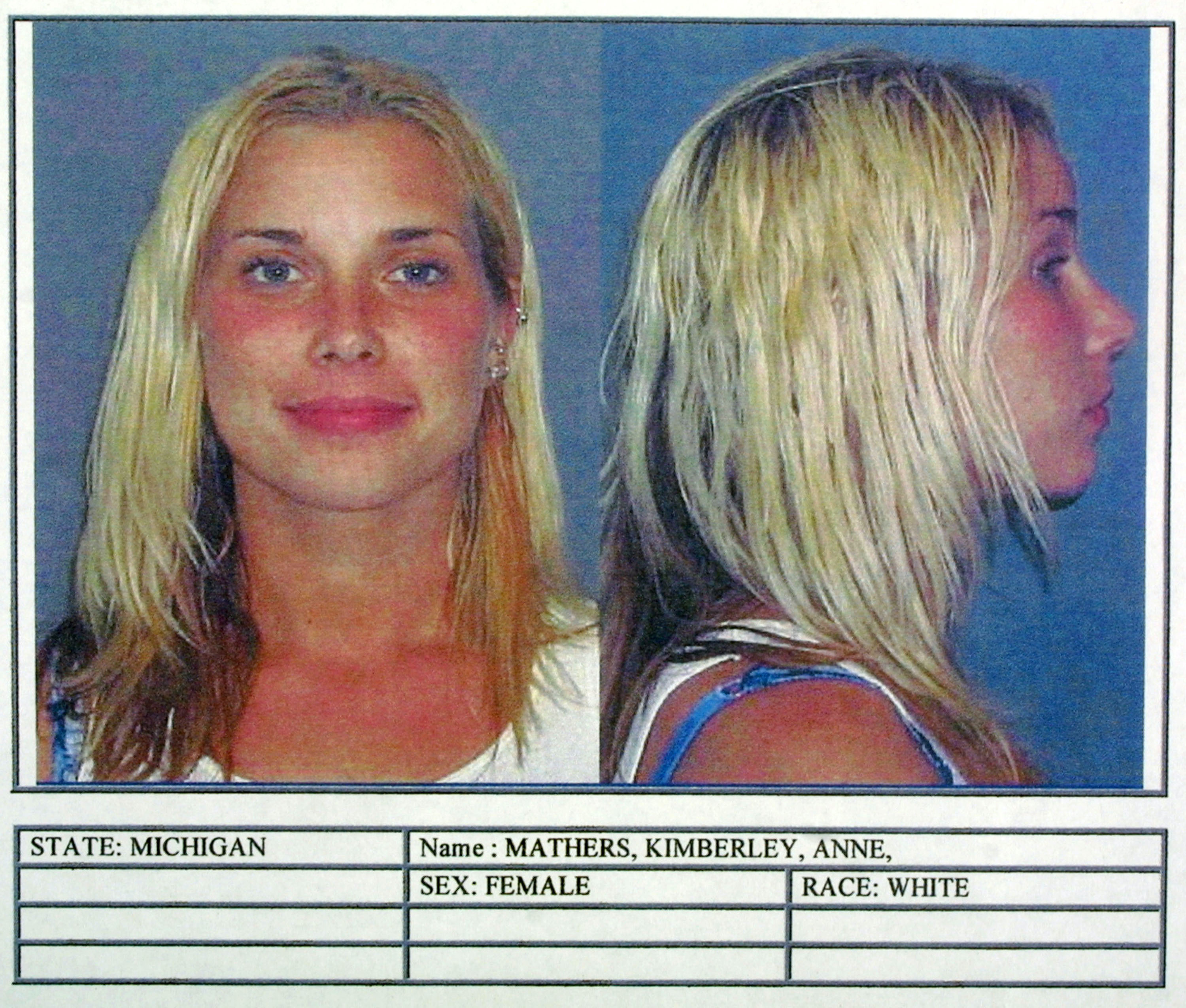Kim Mathers' mugshot for drug-related charges in St. Clair Shores, Michigan on July 2, 2003 | Source: Getty Images