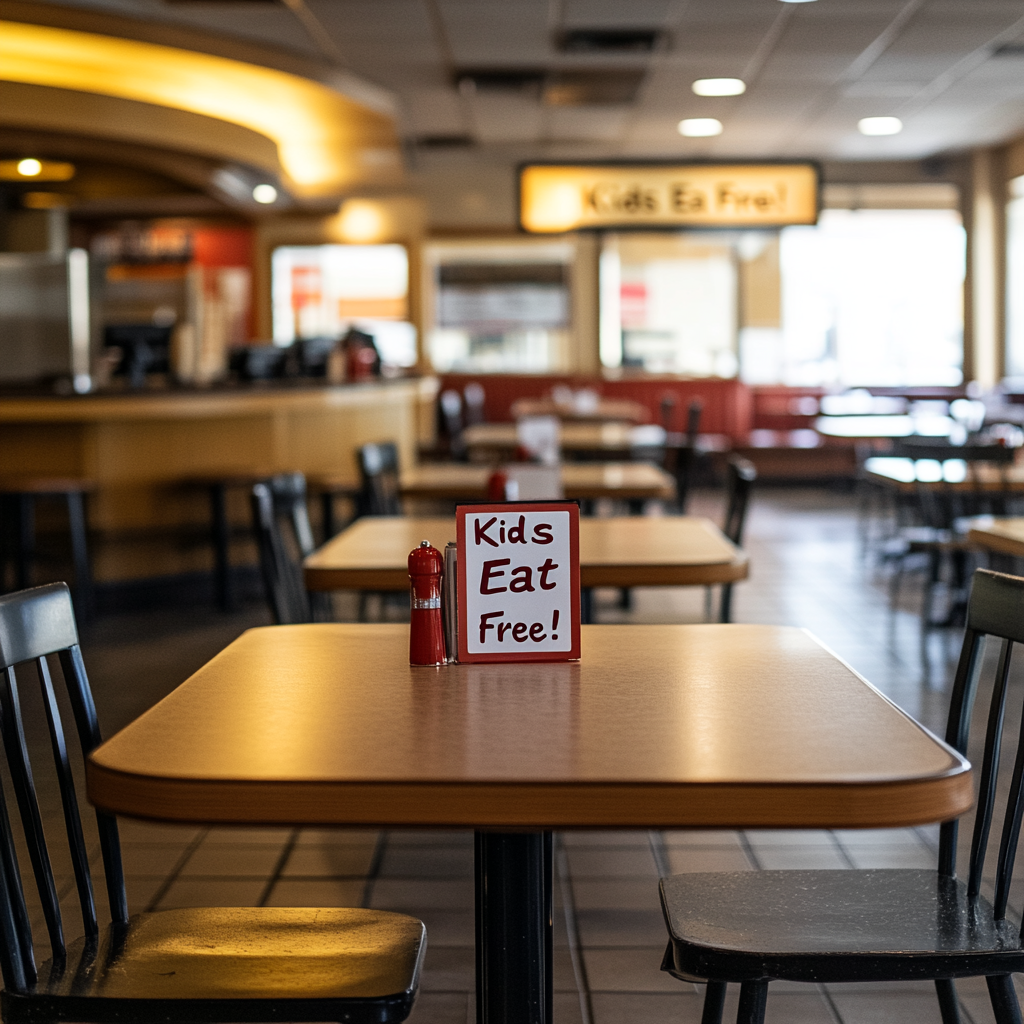 Empty restaurant with the sign, "Kids Eat Free" | Source: Midjourney