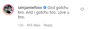 Actor Jamie Foxx's comment on Tank's Instagram post | Photo: Instagram/therealtank