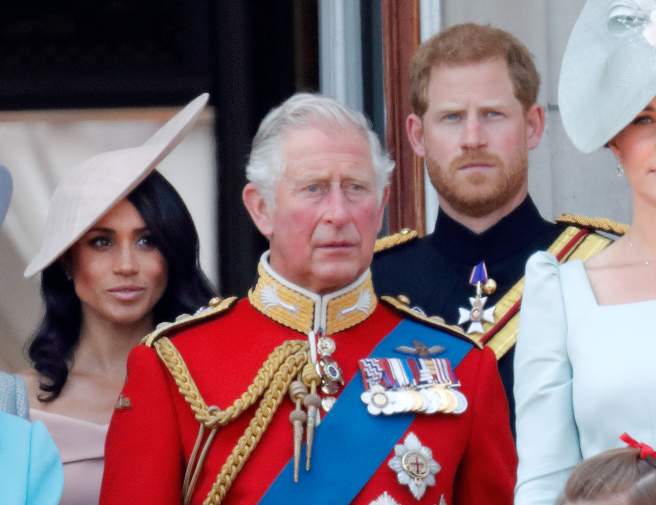 Meghan, King Charles, and Prince Harry stand on the balcony of Buckingham Palace during Trooping The Colour 2018 on June 9, 2018 in London, England | Source: Getty Images