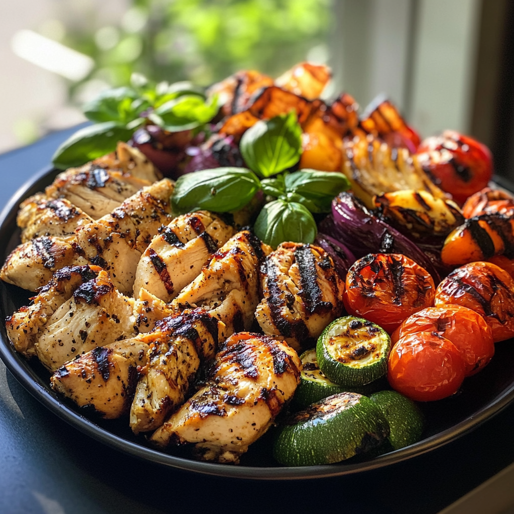 A platter of grilled chicken and vegetables | Source: Midjourney