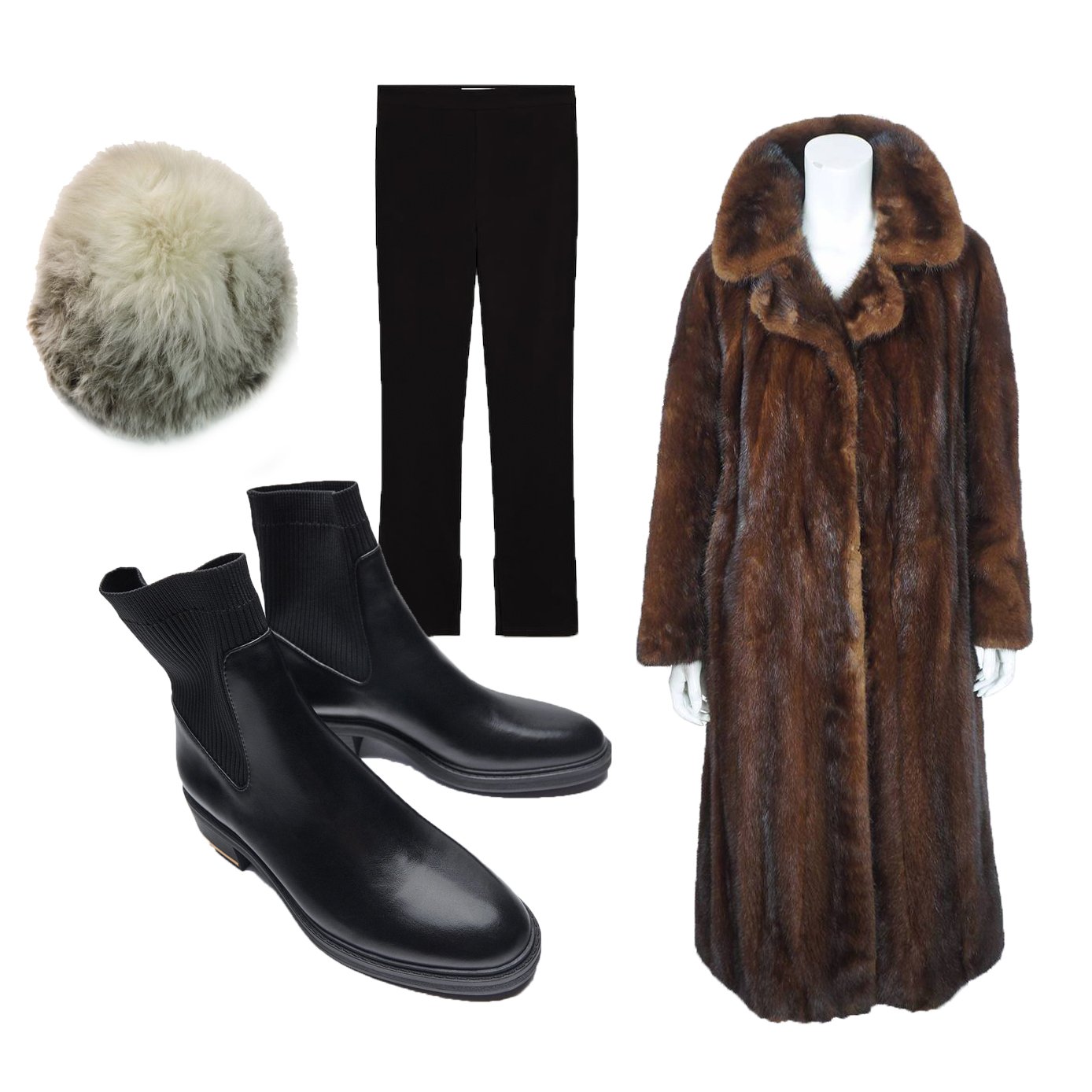 Manteau de fourrure - Vintage, Chapeau de fourrure - Vintage, Pantalon - Mango, Bottes - Zara. | Photo : zara.com, hm.com, converse.com, mango.com, net-a-porter.com