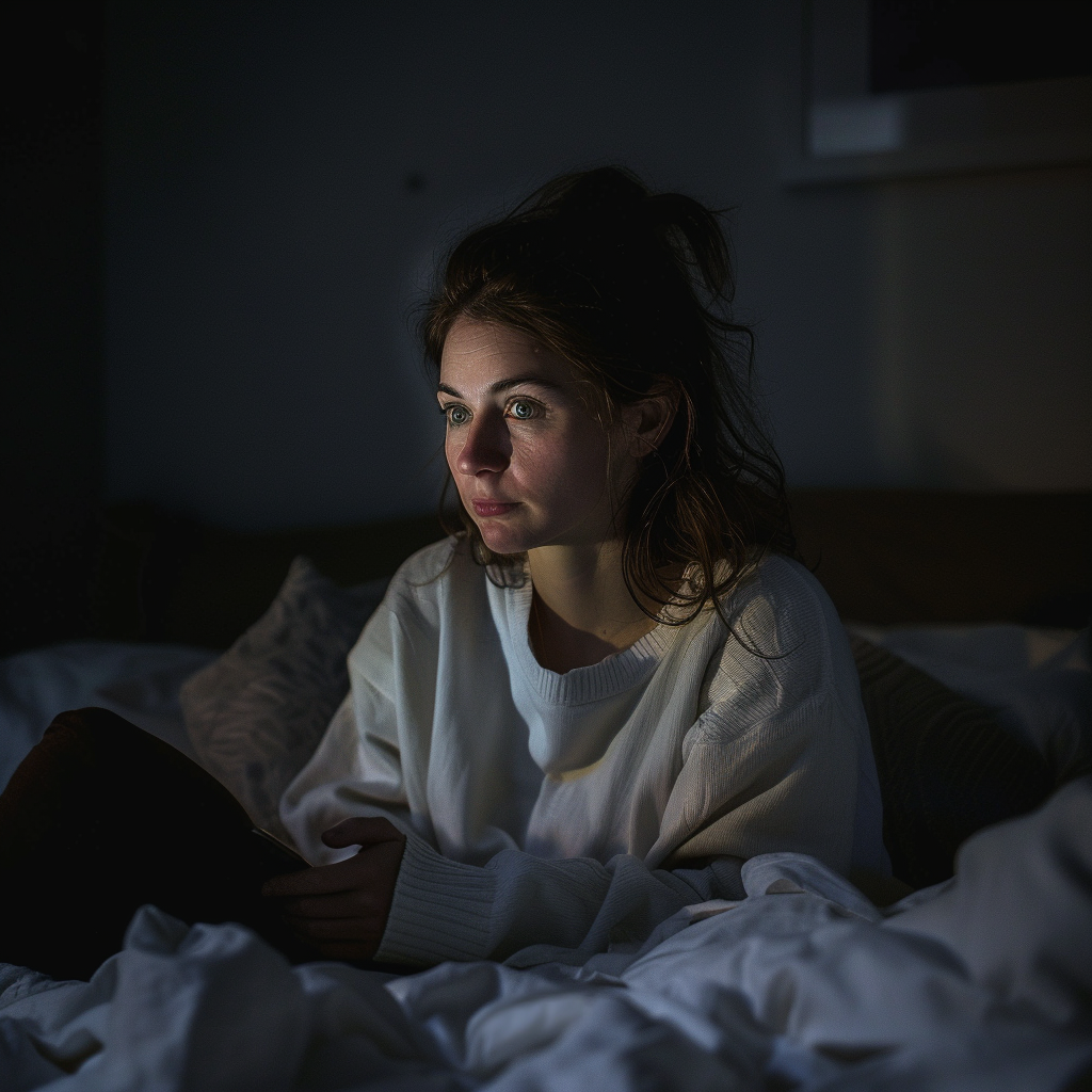 Woman sitting in bed at night, contemplating | Source: Midjourney