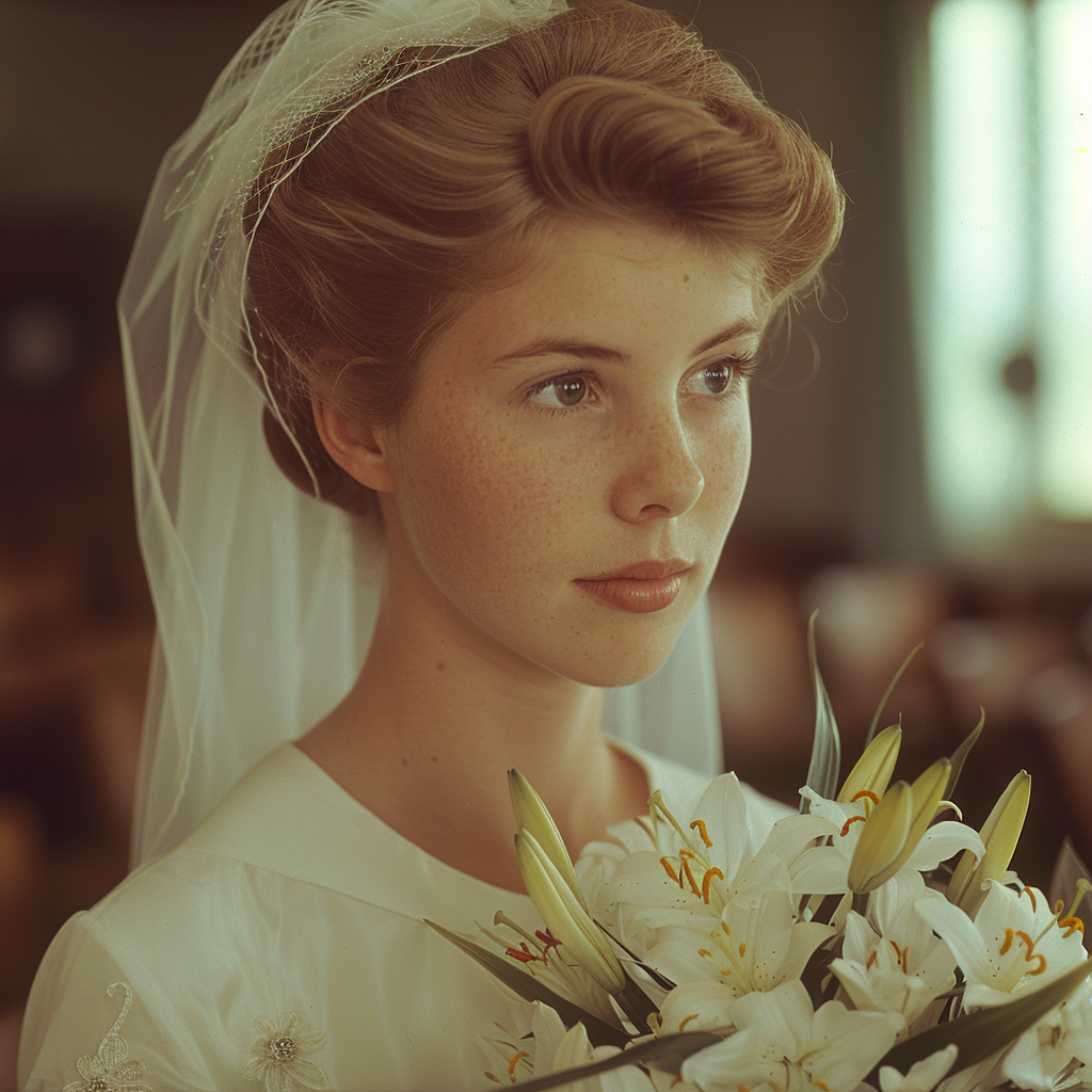 A bride in the 1960s holding a bouquet of lilies | Source: Midjourney