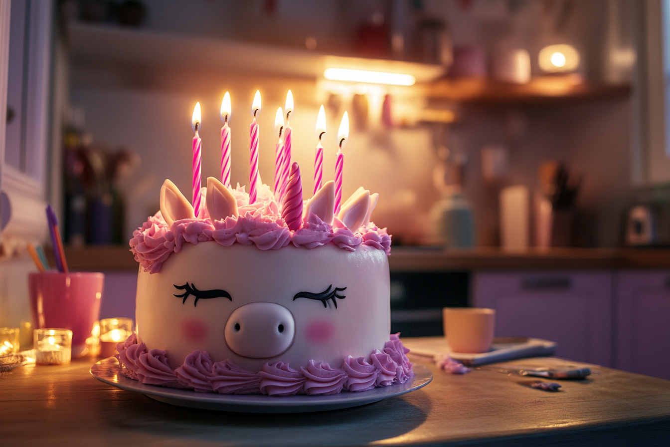 A unicorn-themed birthday cake on the table | Source: Midjourney