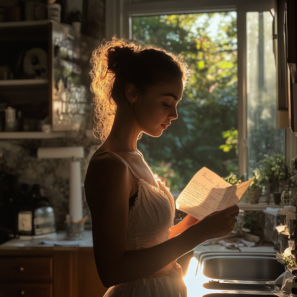 Woman reading a letter in her kitchen | Source: Midjourney