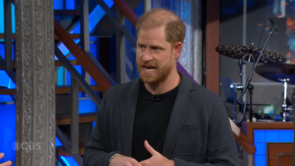 Prince Harry gestures with his hand while delivering a line during the comedic segment, as posted on December 4, 2025 | Source: YouTube/ColbertLateShow