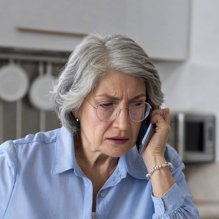 An elderly woman talking on a cell phone in a kitchen, looking remorseful | Source: Midjourney