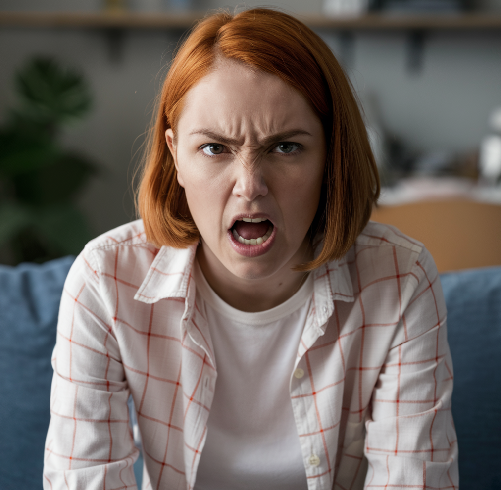 A woman in a living room, looking very angry | Source: Midjourney