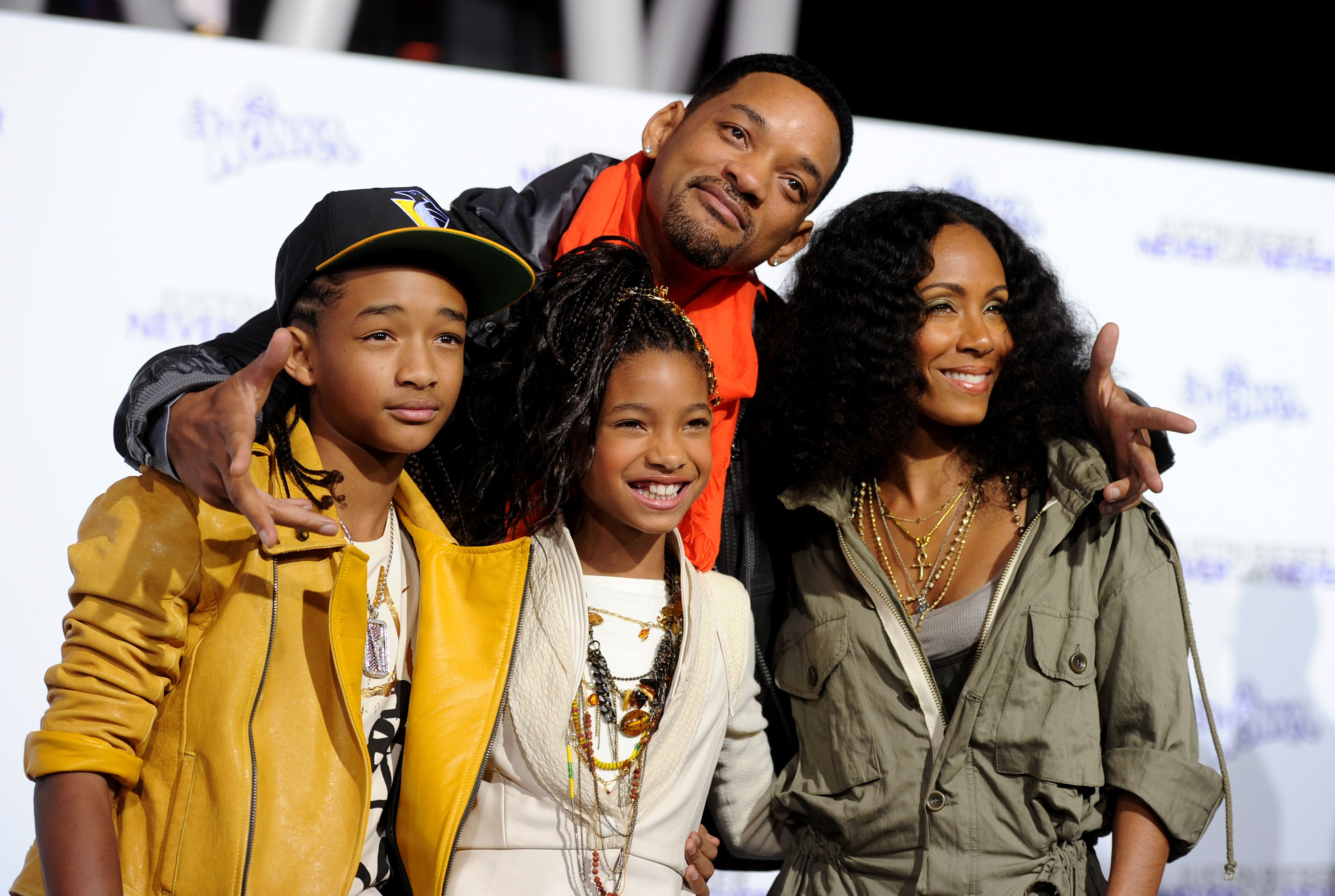 (L-R) Jaden Smith, Willow Smith, Will Smith, and Jada Pinkett Smith arrive at the premiere of Paramount Pictures' "Justin Bieber: Never Say Never" held at Nokia Theater L.A. Live, on February 8, 2011, in Los Angeles, California. | Source: Getty Images