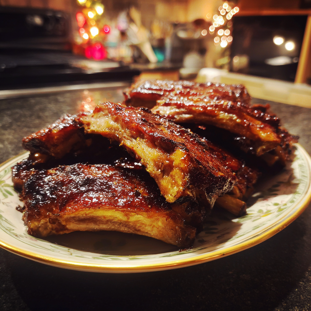 A plate of ribs on a kitchen counter | Source: Midjourney