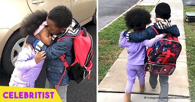 Sister runs to give big brother a hug as he gets off the school bus in viral video