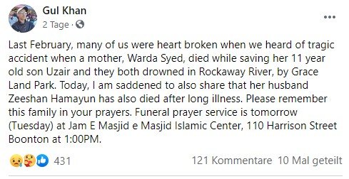 Die Bestätigung über den Tod von Zeeshan Hamayun in einer Facebook-Grupe. I Source: facebook.com/BoontonNJ