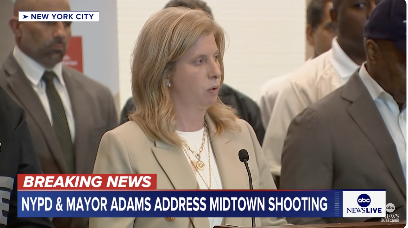 Commissioner Tisch speaking at a press conference following the Midtown Manhattan shooting on July 29, 2025. | Source: YouTube/ABC News
