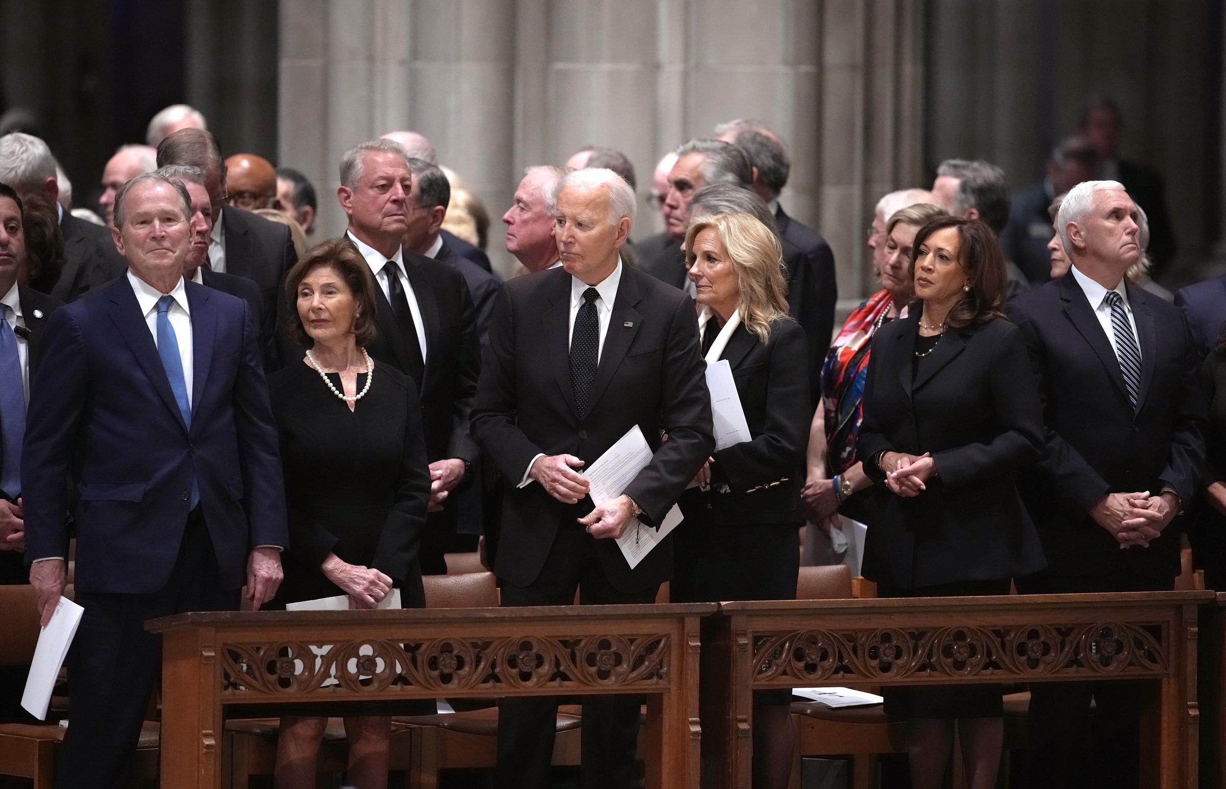 George W. Bush, Laura Bush, Al Gore, Joe Biden, Jill Biden, Kamala Harris, and Mike Pence attend the funeral service of former Vice President Dick Cheney at the National Cathedral on November 20, 2025 in Washington, DC | Source: Getty Images