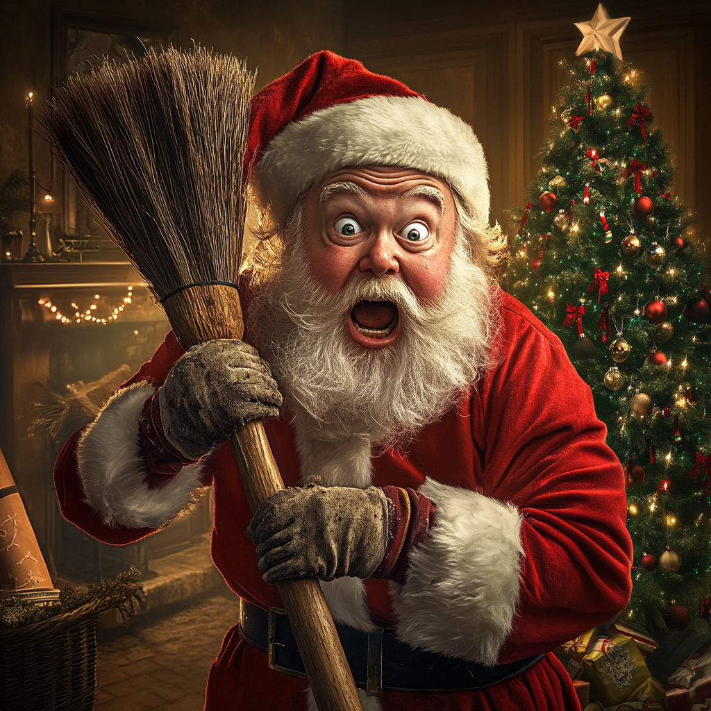 Santa Claus holding a broom | Source: Midjourney