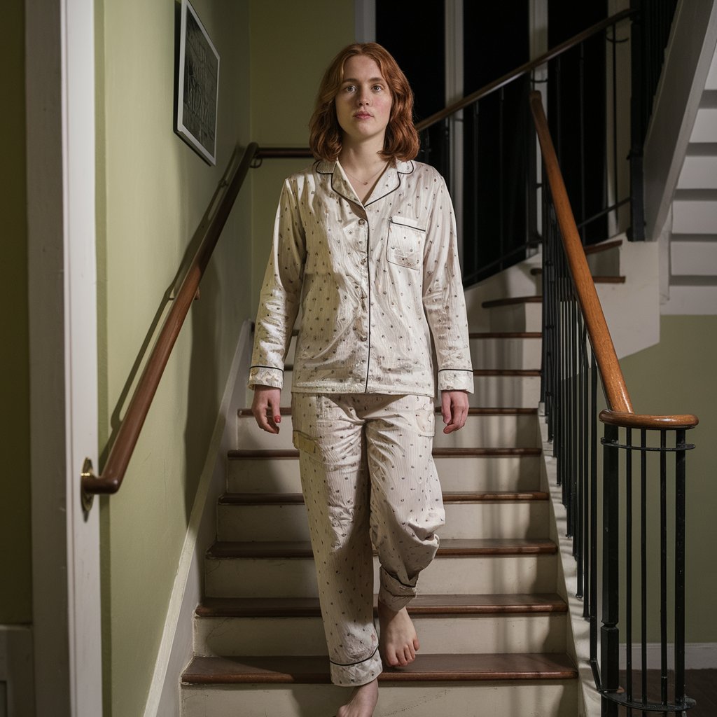 A woman in pyjamas walking down stairs, barefoot | Source: Midjourney