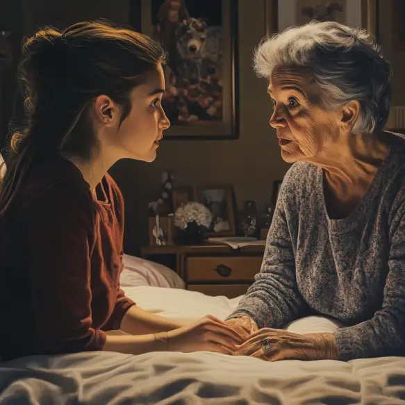 An elderly adult having a conversation with a young person in bed at night | Source: Midjourney