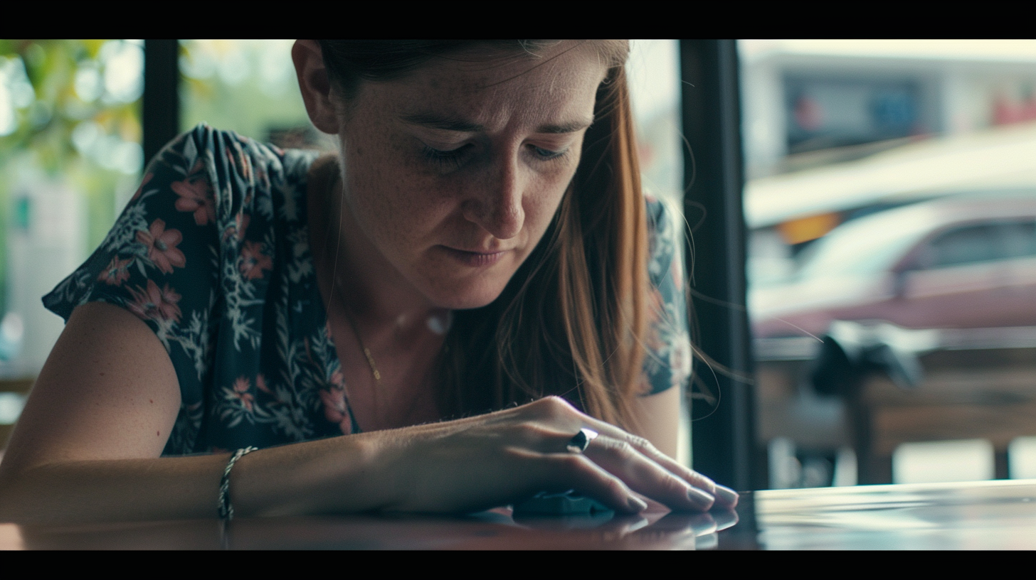 A sad woman looking at her ring | Source: Midjourney