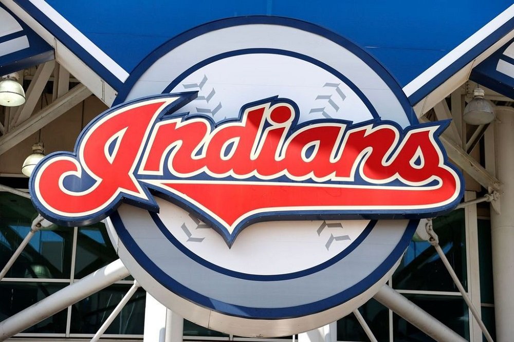 The Cleveland Indians team logo outside Progressive Field before they play an intrasquad game during summer workouts in Cleveland, Ohio in July 2020. | Image: Getty Images.