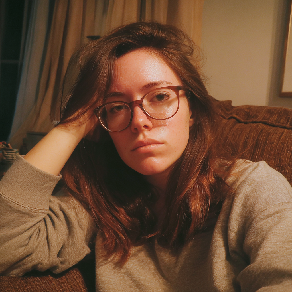 An exhausted woman sitting on a couch | Source: Midjourney