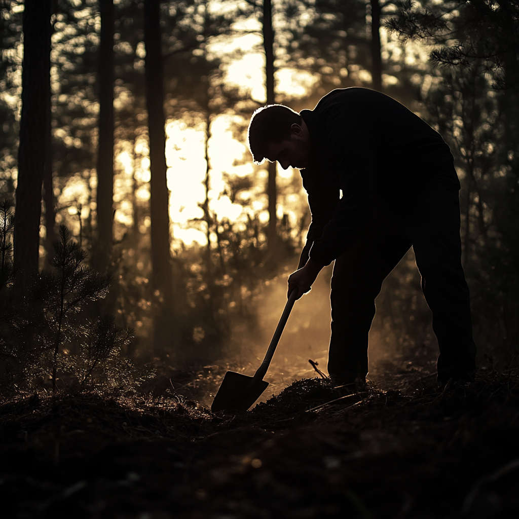 A man using a shovel in the woods | Source: Midjourney