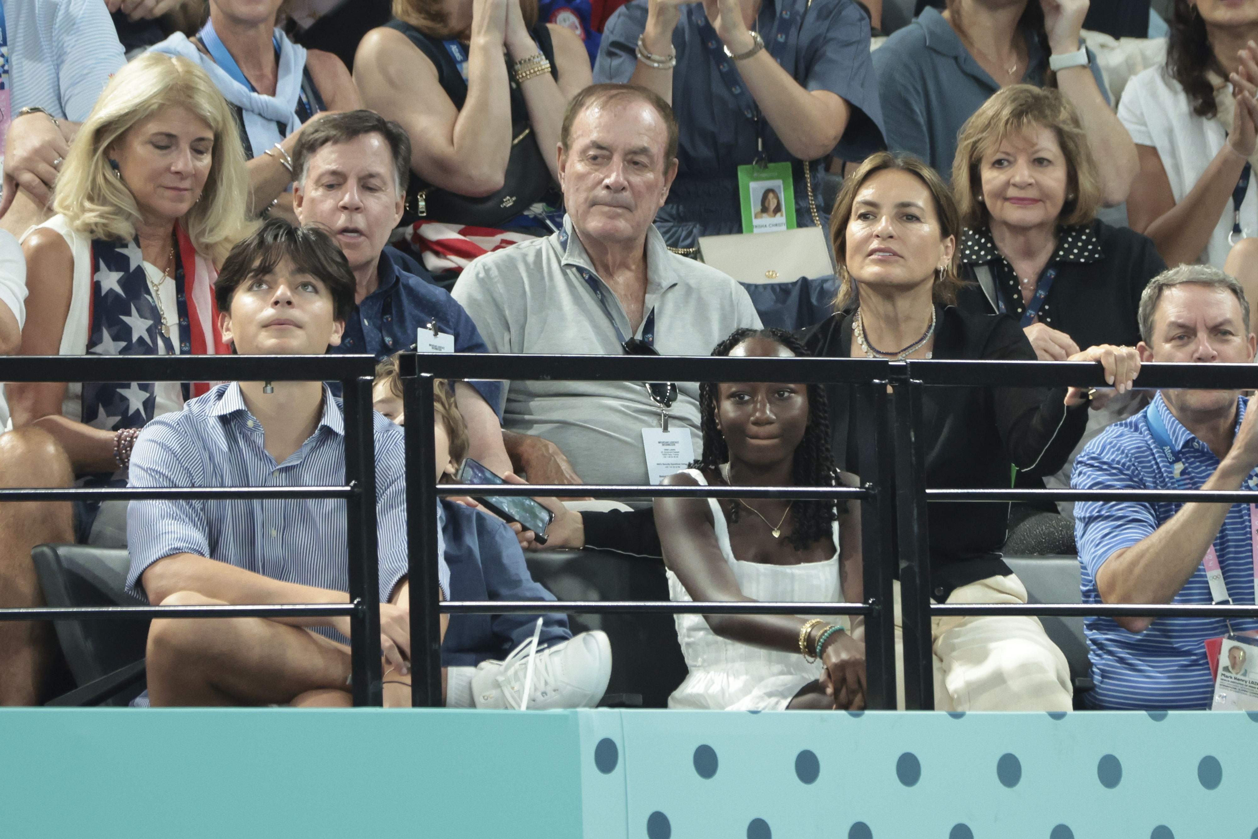 Mariska Hargitay with her son August Hermann and her daughter Amaya Hermann at the 2024 Olympic Games at Bercy Arena on August 1, 2024 in Paris, France | Source: Getty Images