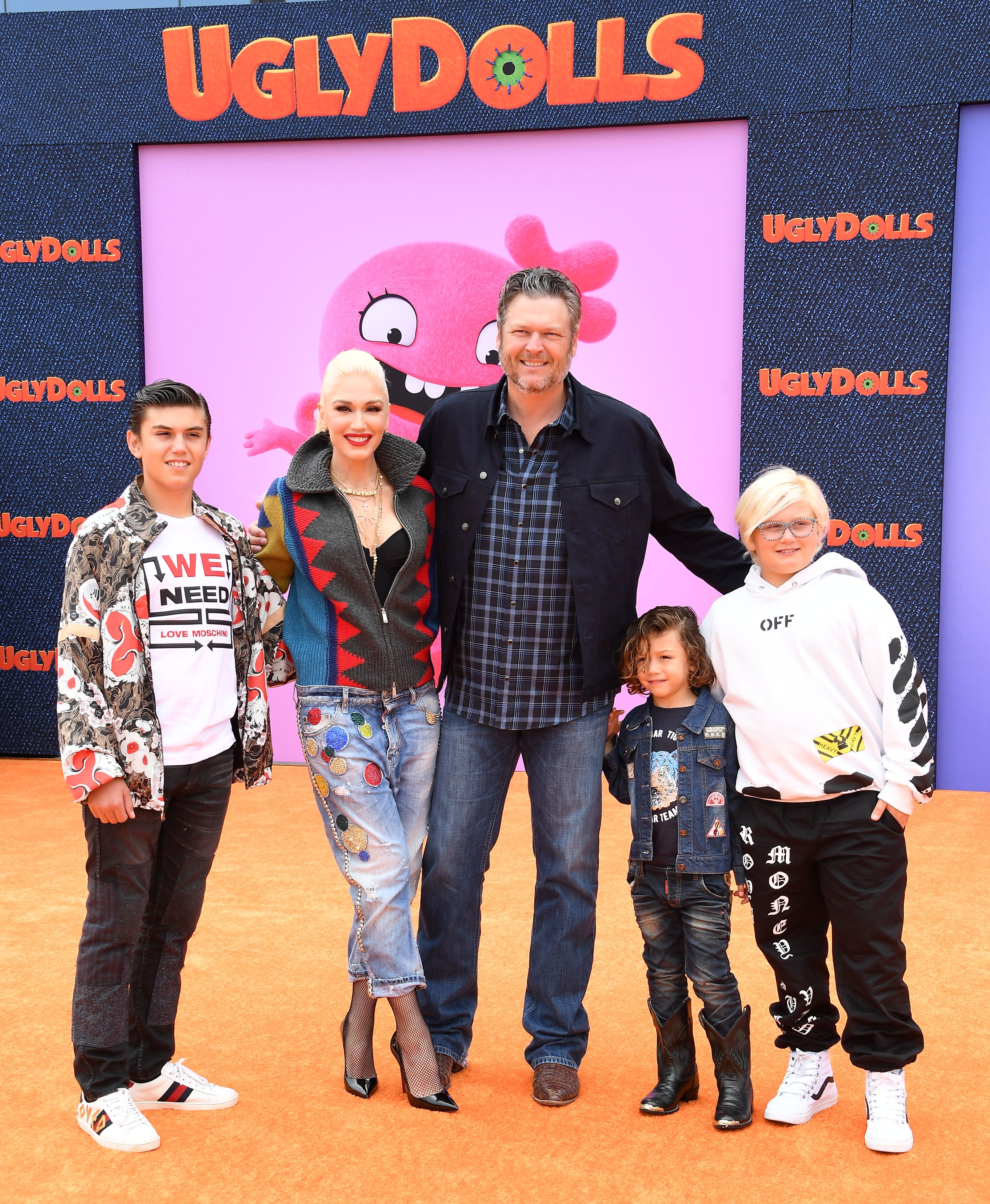 Blake Shelton, Gwen Stefani, and her children, Kingston Rossdale, Apollo Bowie Flynn Rossdale, and Zuma Nesta Rock Rossdale at the STX Films world premiere of "UglyDolls" at Regal Cinemas L.A. Live on April 27, 2019 in Los Angeles, California. | Source: Getty Images