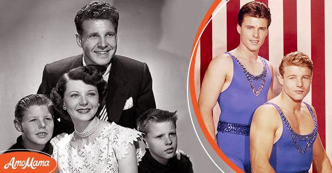Actors Ozzie and Harriet Nelson with their sons David and Ricky in 1946 [Left] David and Ricky Nelson pose in circus wear in 1960 [Right] | Source: Getty Images