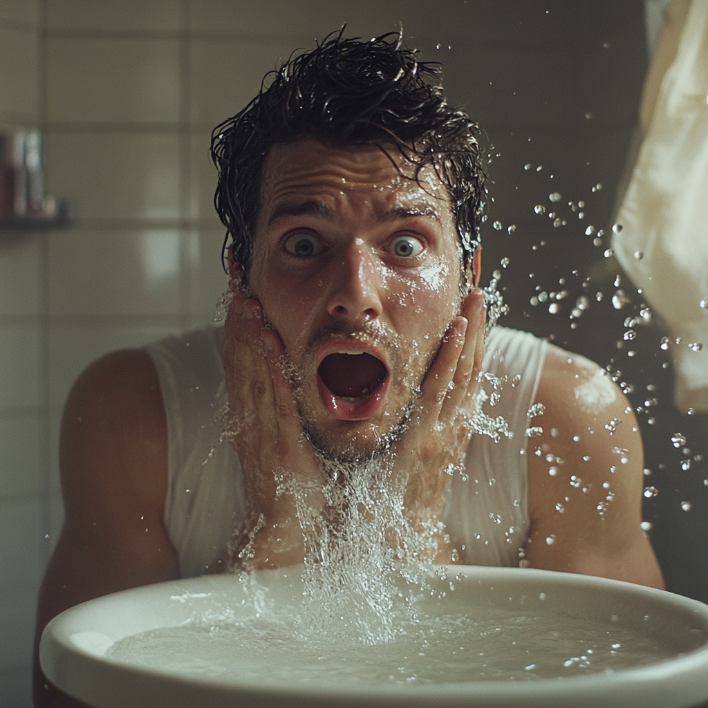 A shocked man splashing water on his face | Source: Midjourney