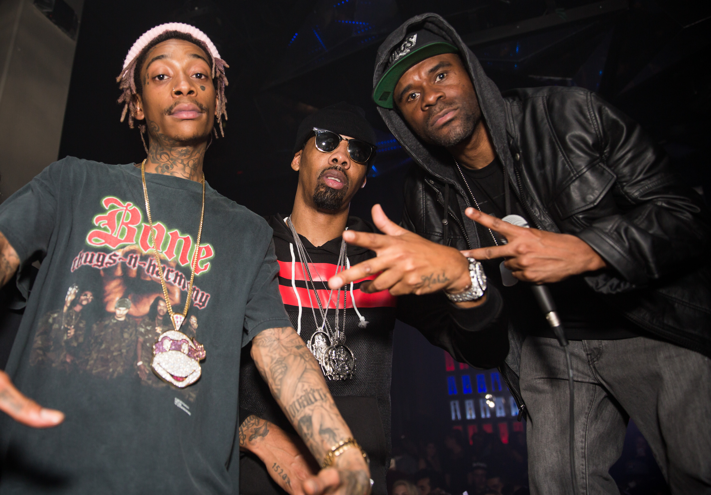 Wiz Khalifa, Chevy Woods, and the CEO of The RTD group Remi Daramola at Wiz Khalifa's post-Grammy party on February 8, 2015, in Los Angeles, California. | Source: Getty Images
