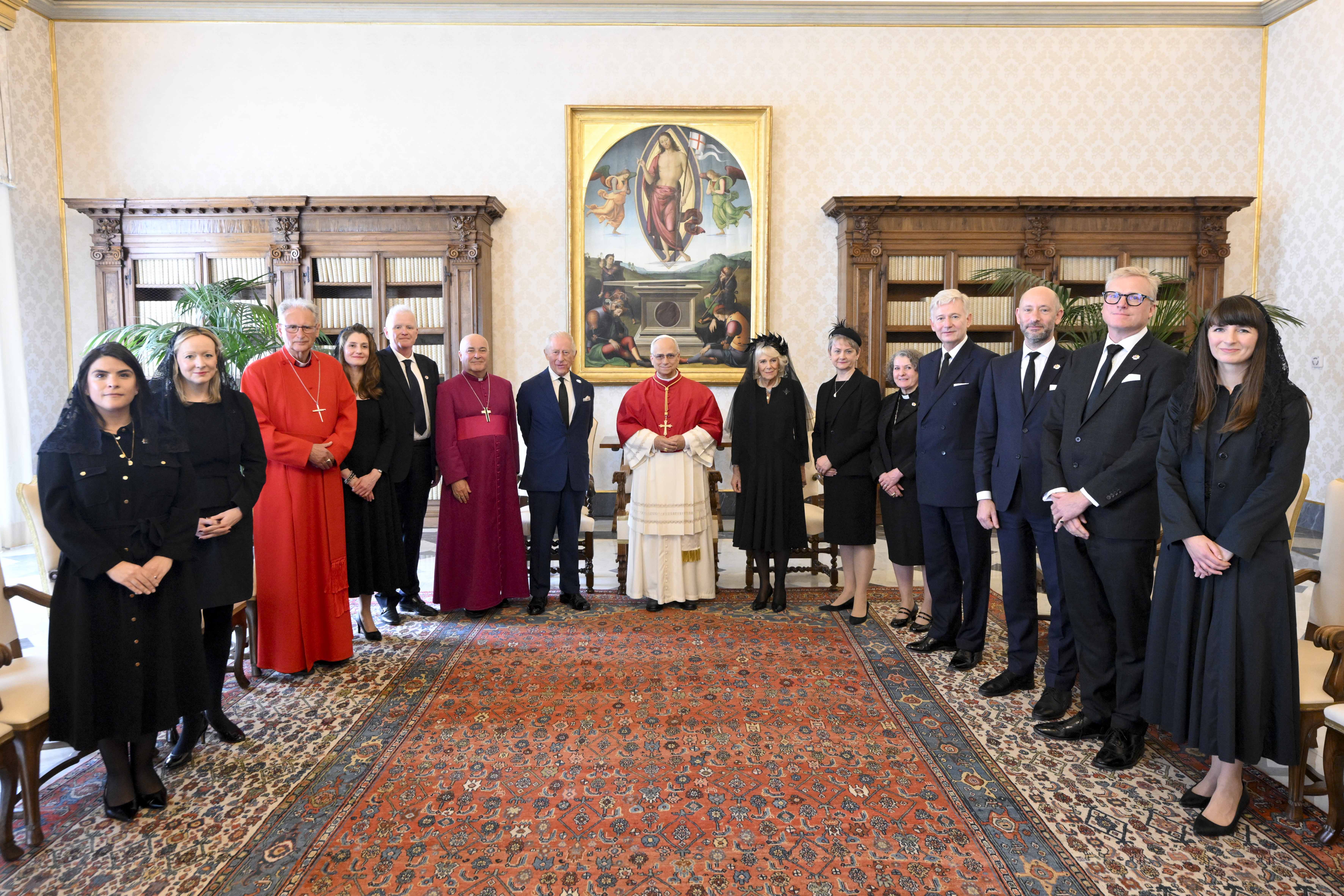 Pope Leo XVI poses with King Charles III, Queen Camilla, and delegation during an audience at the Apostolic Palace on October 23, 2025 in Vatican City, Vatican | Source: Getty Images