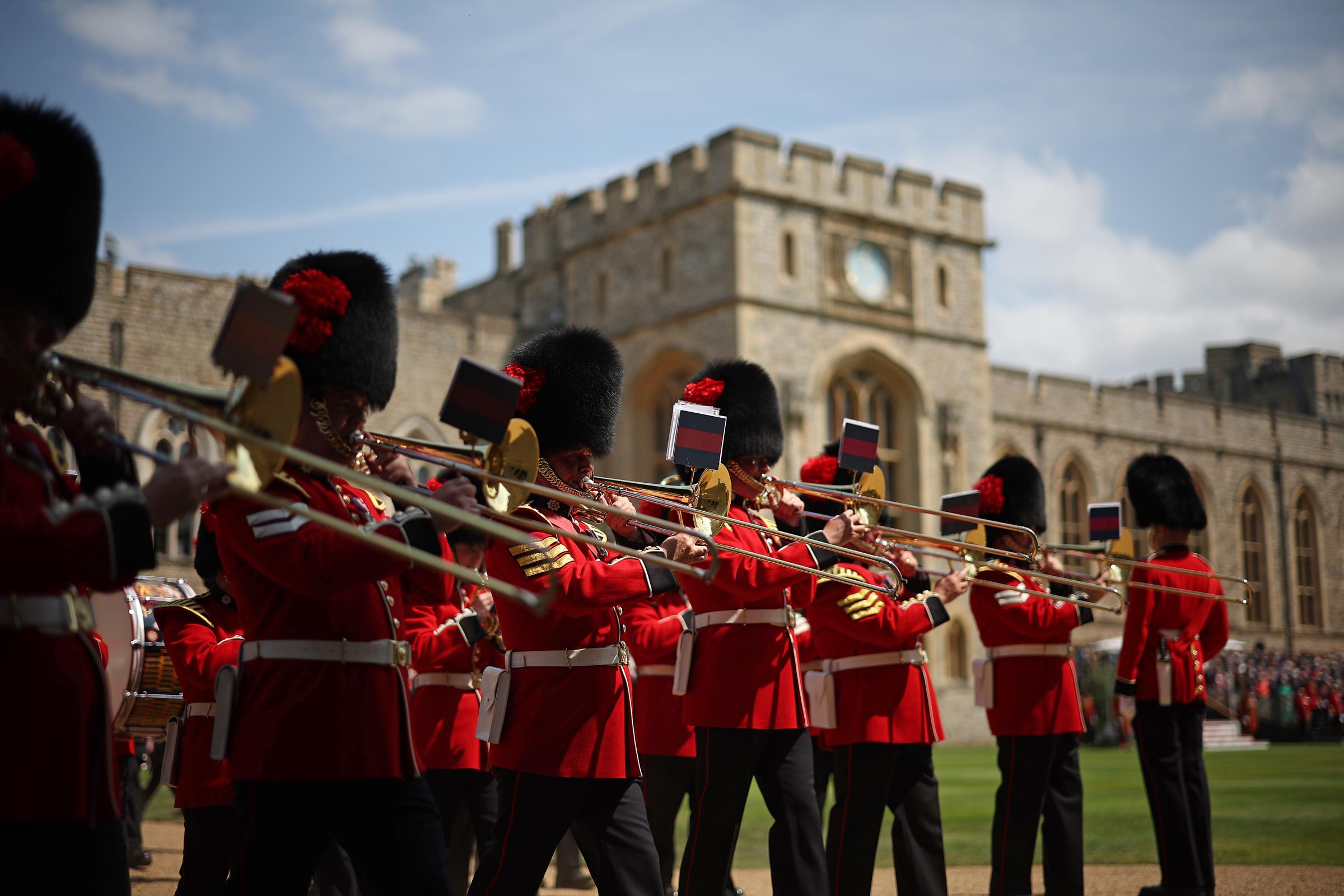 The Band of the Coldstream Guards play during the ceremony to present new Colours to the 1st and 2nd Battalion (Number 7 Company) the Coldstream Guards at Windsor Castle on June 14, 2025, in Windsor, England | Source: Getty Images