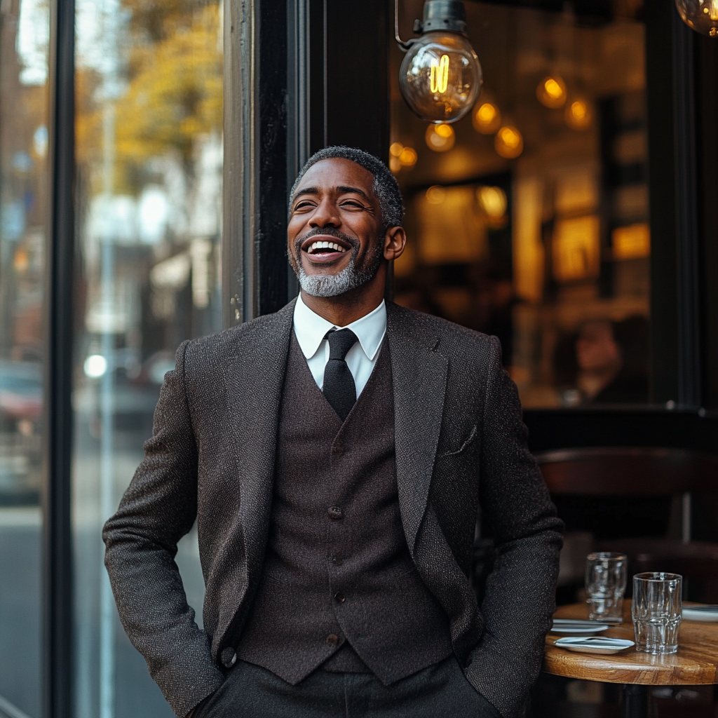 Peter laughs joyously as he leaves the café | Source: Midjourney