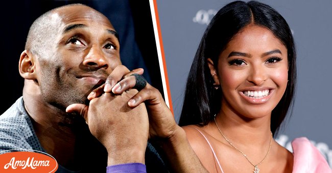 Left: Kobe Bryant #24 of the Los Angeles Lakers watches tribute at AT&T Center on February 6, 2016 in San Antonio, Texas. Right: Natalia Bryant attends the Baby2Baby 10-Year Gala presented by Paul Mitchell on November 13, 2021 in West Hollywood, California. | Source: Getty Images