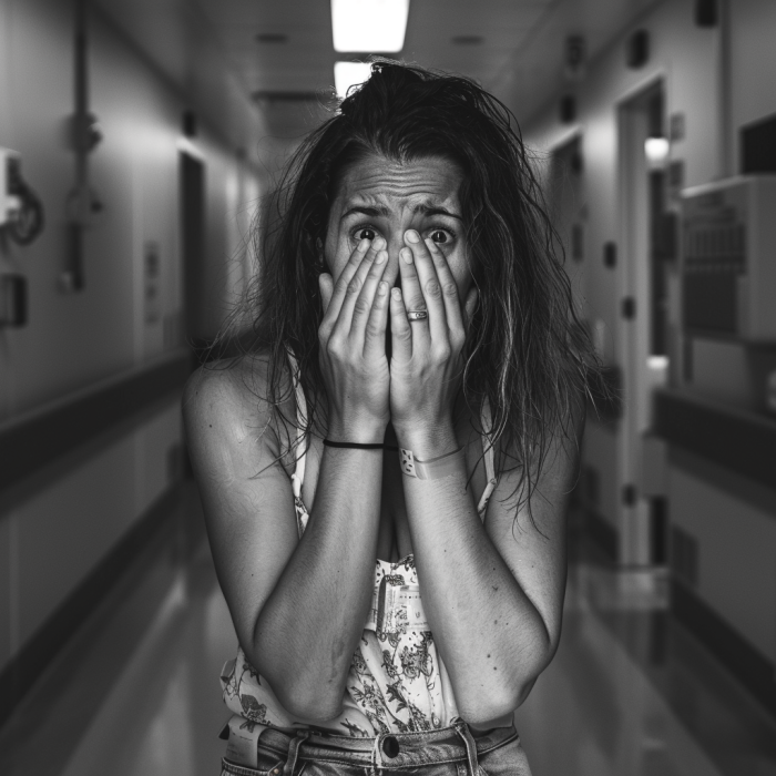 A shocked and hurt woman standing in a hospital corridor | Source: Midjourney