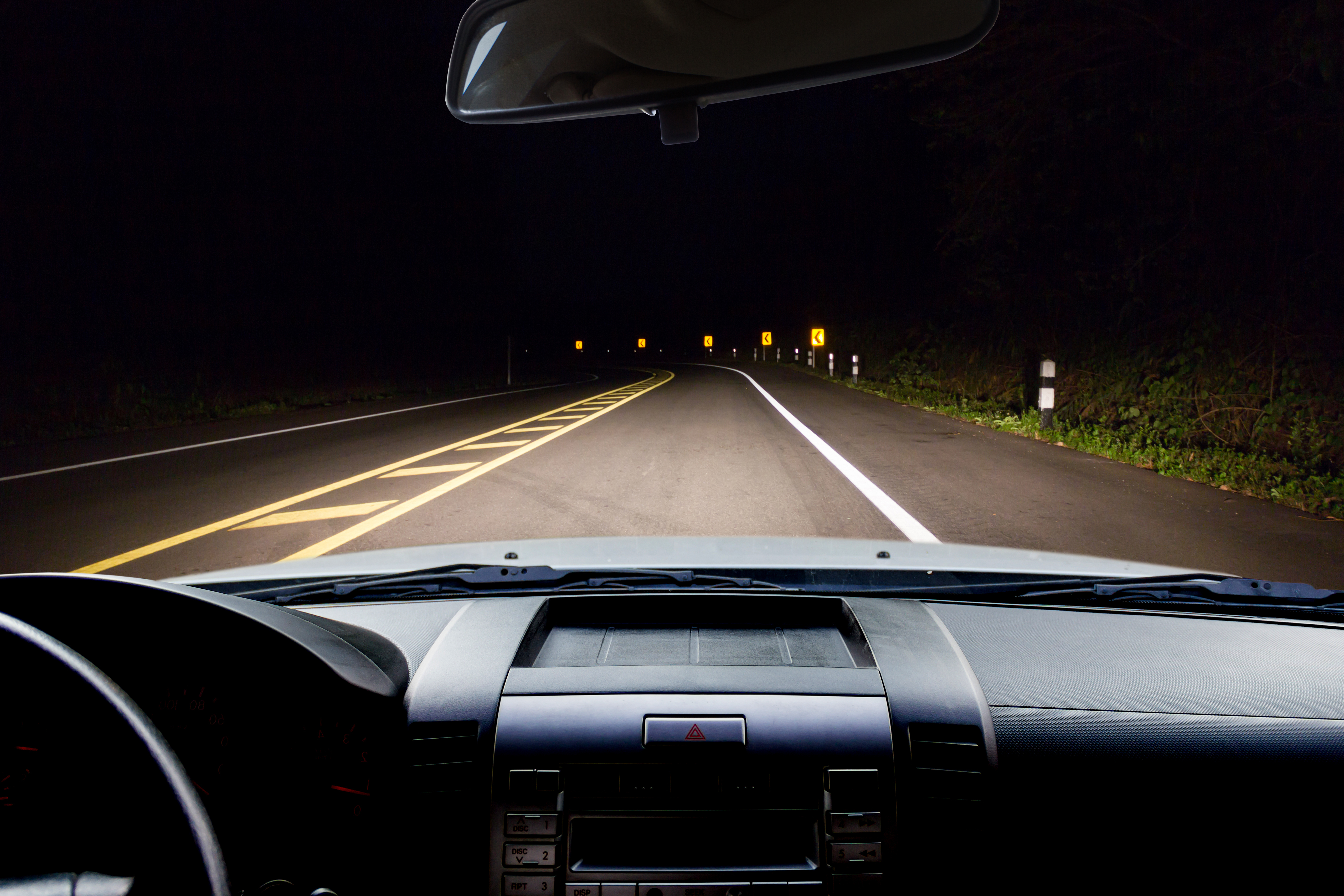 In the car, blur of dark road in the forest as background. | Source: Shutterstock