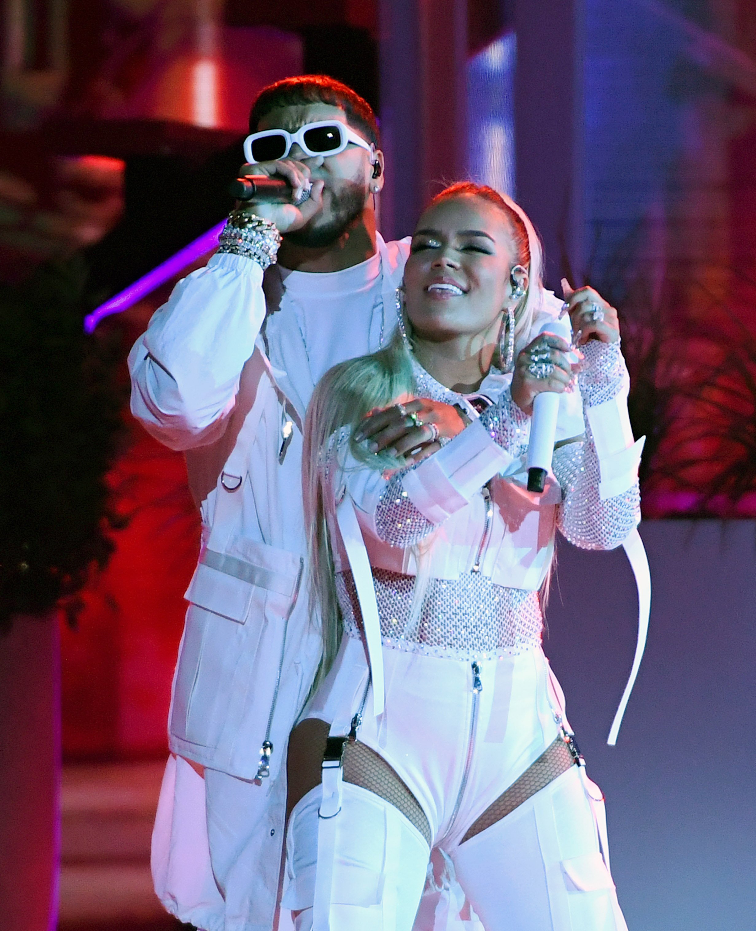 Karol G and Anuel AA are pictured performing on stage at the 2019 Billboard Latin Music Awards at the Mandalay Bay Resort and Casino on April 25, 2019, in Las Vegas, Nevada | Source: Getty Images