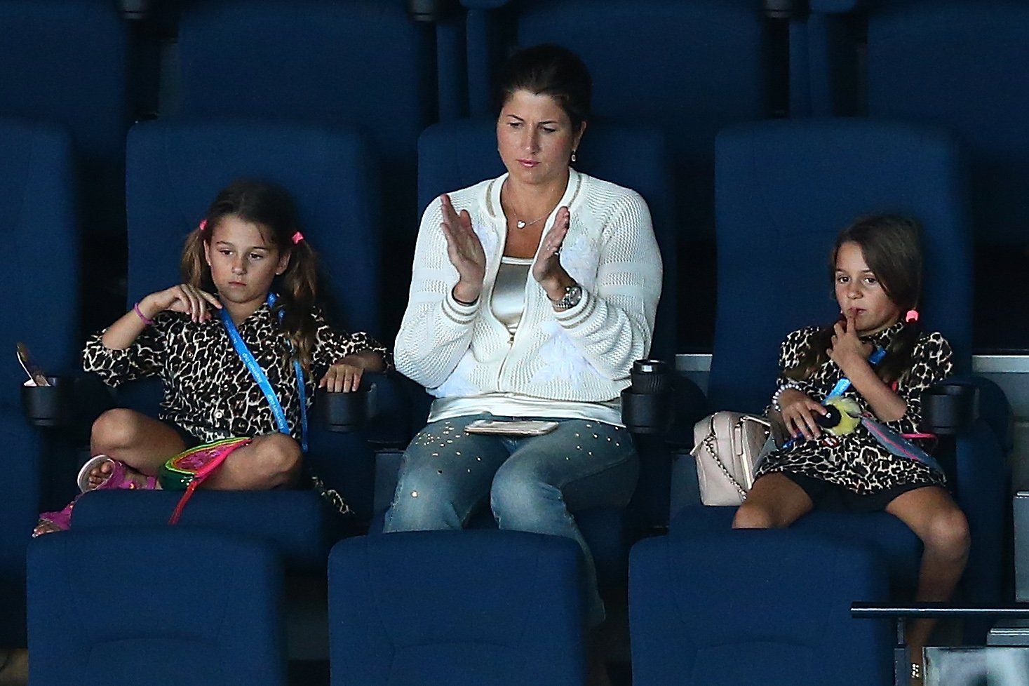 Mirka Federer together with her twin daughters Myla Rose and Charlene Riva watch a match between Roger Federer of Switzerland and Alexander Zverev of Germany in the 2017 Hopman Cup on January 4, 2017, in Perth, Australia. | Source: Getty Images