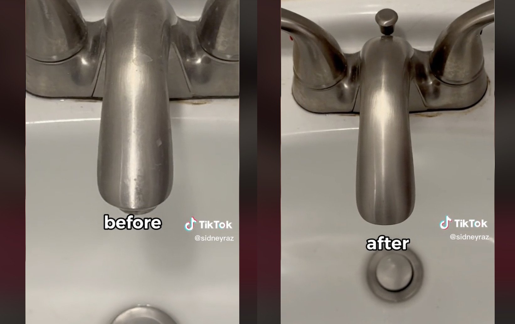 A spotty faucet versus a shiny faucet | Source: tiktok.com/@sidneyraz