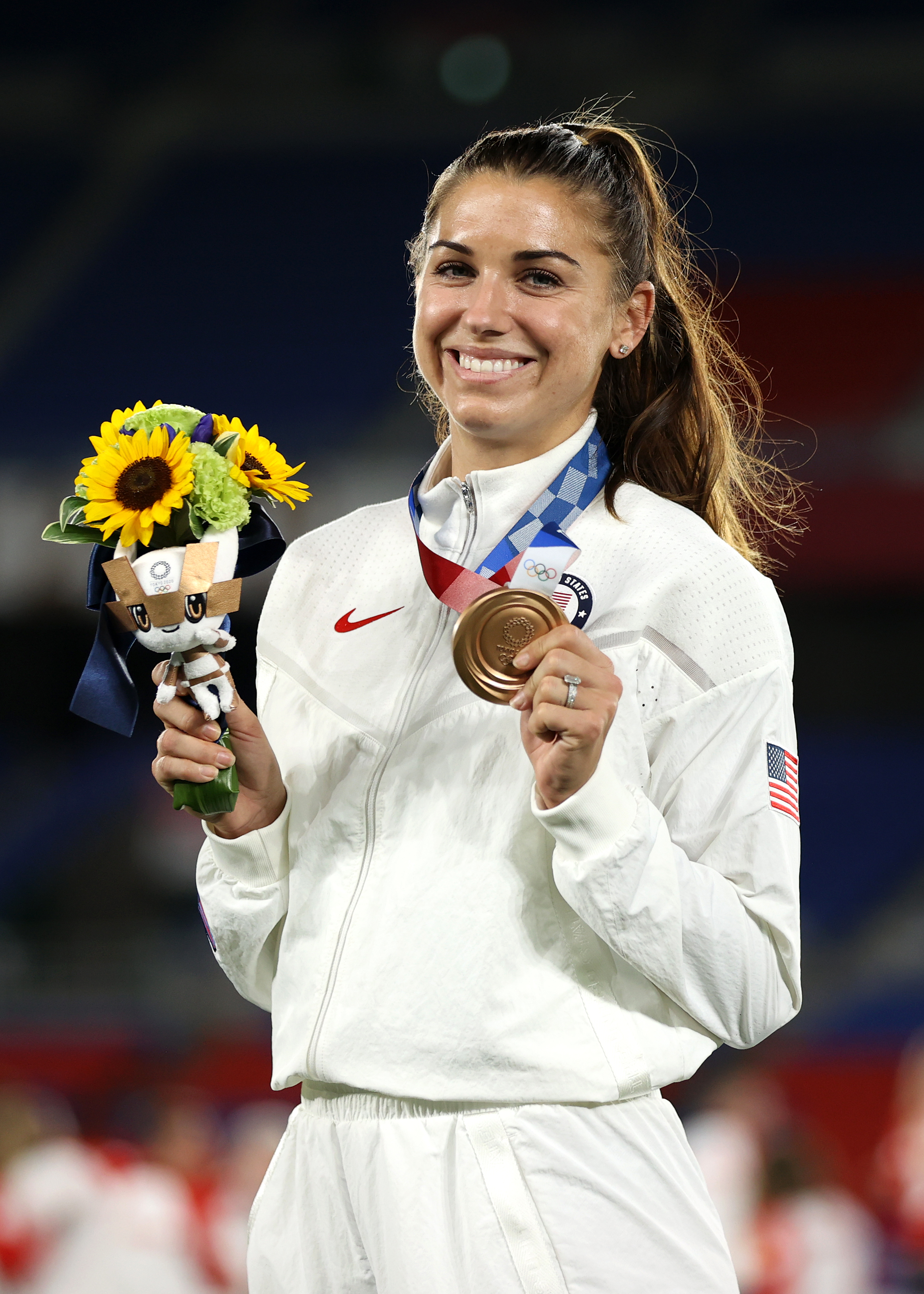 Alex Morgan poses with their bronze medal during the Women's Football Competition Medal Ceremony at the Tokyo 2020 Olympic Games in Yokohama, Kanagawa, Japan, on August 6, 2021. | Source: Getty Images