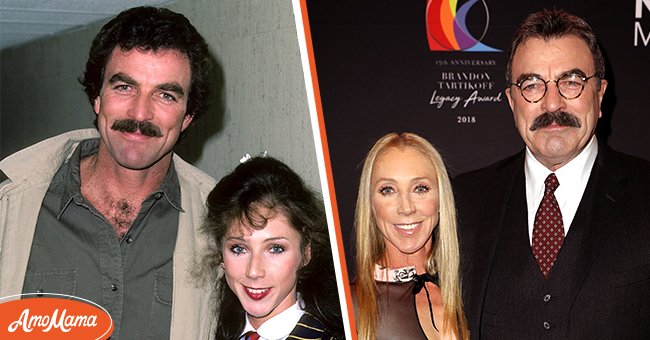 (L) Actor Tom Selleck and girlfriend Jillie Mack visit "Late Night with David Letterman" on May 23, 1985 at Studio 6A, NBC Studios, 30 Rockefeller Plaza in New York City. (R) Actress Jillie Mack and Tom Selleck at the Brandon Tartikoff Legacy Awards at NATPE 2018 at the Fontainebleau Hotel on January 17, 2018 in Miami Beach, Florida | Photo: Getty Images
