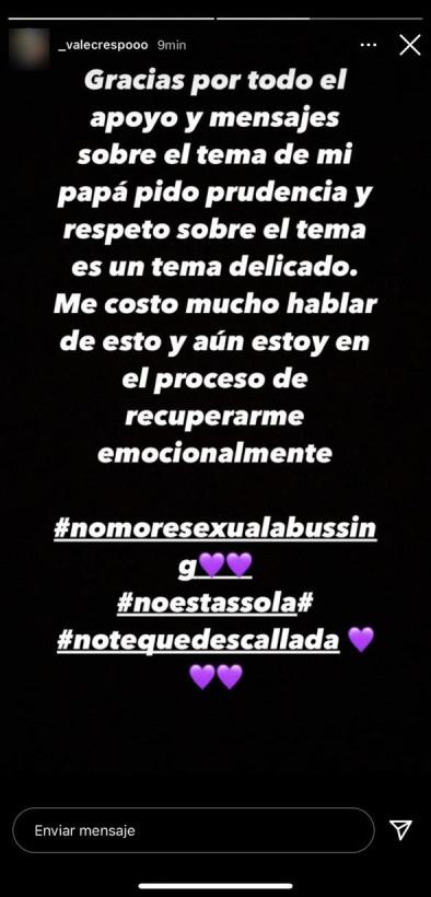 Mensaje de Valentina Crespo sobre el caso de Ricardo Crespo. | Foto: Historias de Instagram/_valecrespooo.