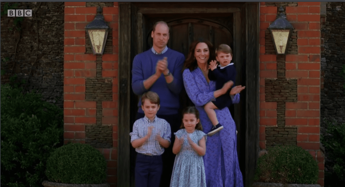 Prince William, Kate Middleton and their children Prince George, Princess Charlotte and Prince Louis on April 23, 2020 in London, England | Source: YouTube/BBC