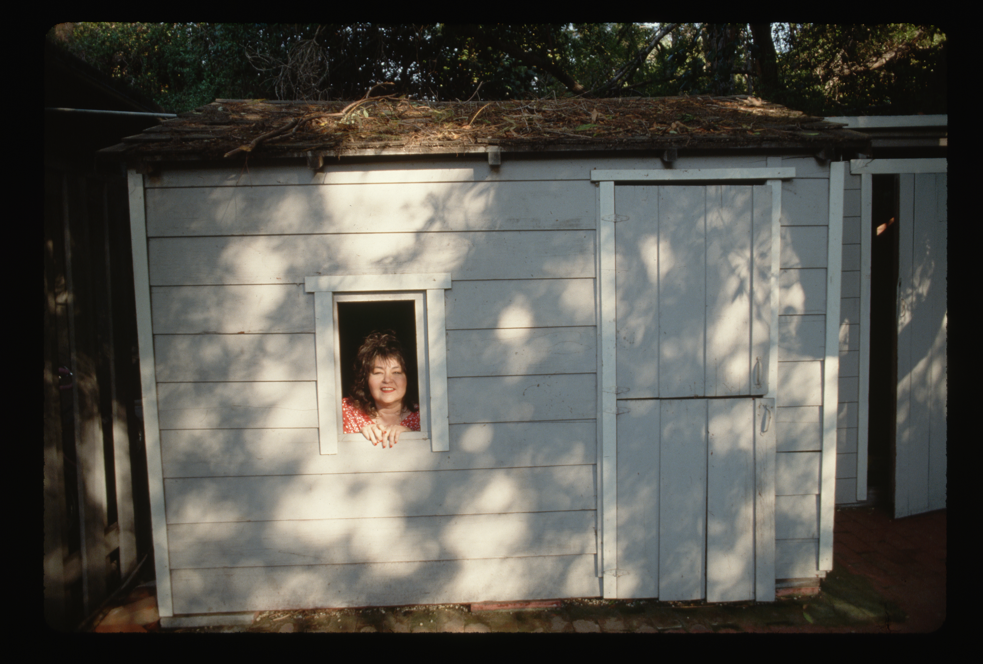Comedian Roseanne Barr peekin through a window of a shed, circa 1989 |  Source: Getty Images