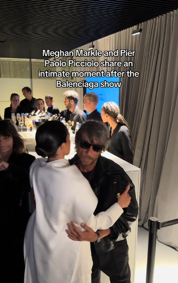 Meghan Markle and designer Pierpaolo Piccioli greeting each other at Paris Fashion Week on October 4, 2025 | Source: TikTok/saintleon