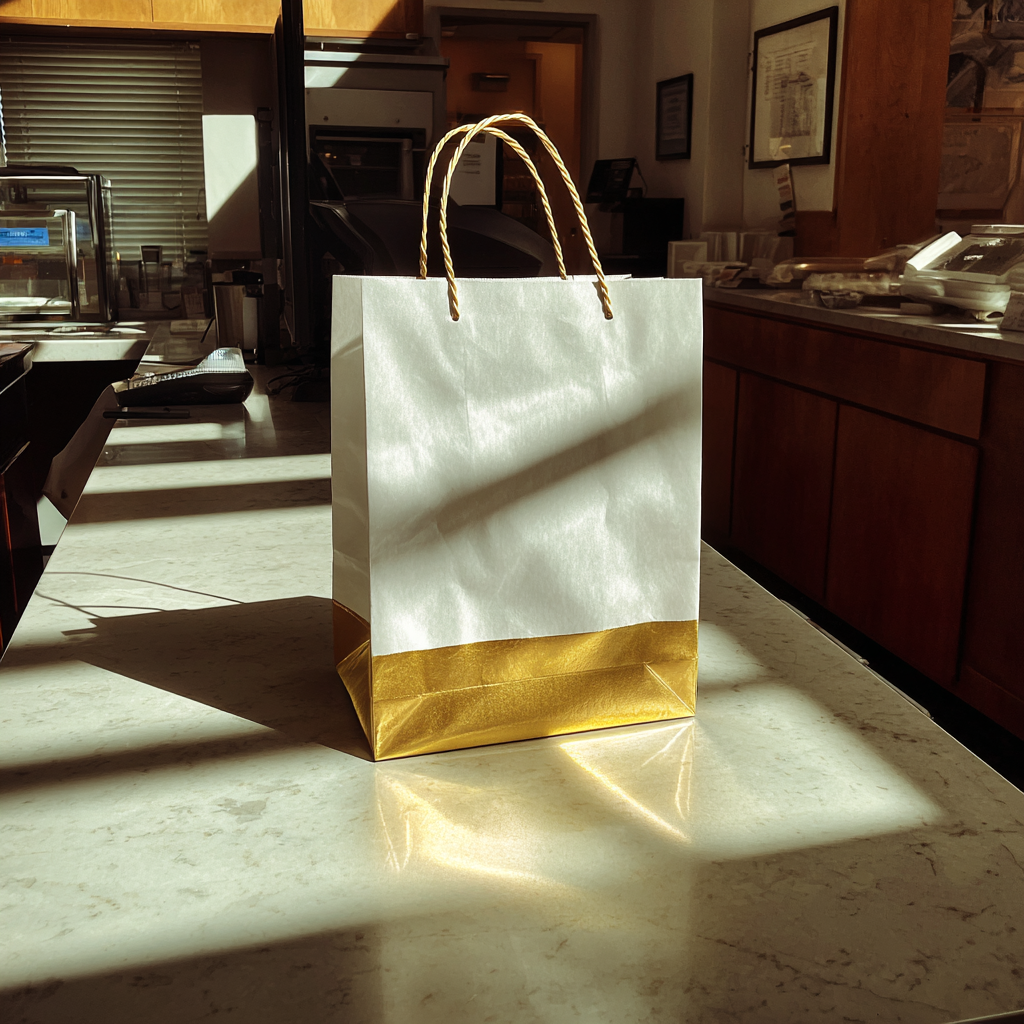 A gift bag on a counter | Source: Midjourney