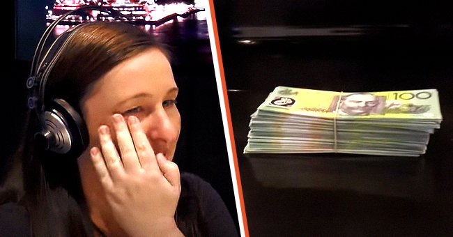 [Left] Teary-eyed Amanda. [Right] The money donated by kind strangers stashed in the oven. | Photo: youtube.com/KIIS1065au